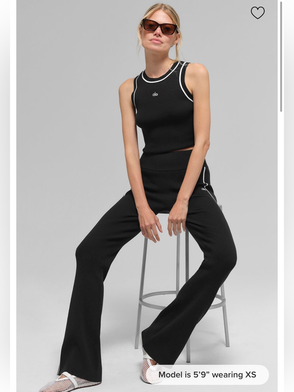 ALO Yoga Black Ribbed Boot-Cut Pants with White Contrast